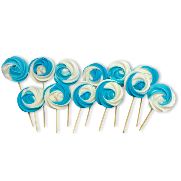 Dekoracje cukrowe w kształcie bezy biało-niebieskie na patyczkach zestaw 12 szt