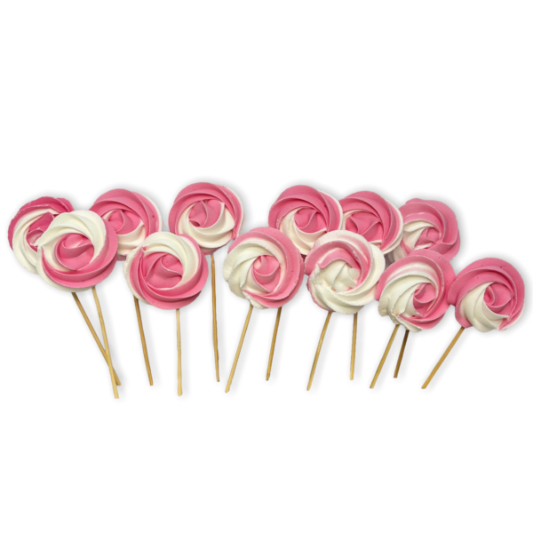 Dekoracje cukrowe w kształcie bezy biało-różowe na patyczkach zestaw 12 szt
