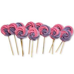 Dekoracje cukrowe w kształcie bezy różowo-lawendowe na patyczkach zestaw 12 szt