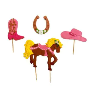 Zestaw z koniem toppery (koń, kapelusz, podkowa, but) różowy dekoracje cukrowe
